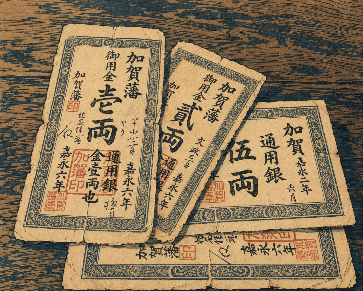 加賀藩が嘉永年間に発行した藩札 — 壱両・貳両・伍両の三枚が古びた木の板に重なって置かれ、朱印と手書きの墨字が残る江戸期の地域信用貨幣の実物