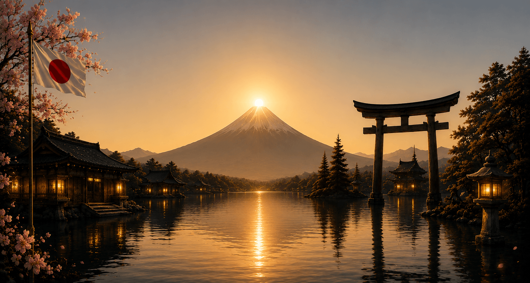 夕景に浮かぶ鳥居と富士山、桜舞う情景 — GOLDEN ZIPANG PROJECT の象徴